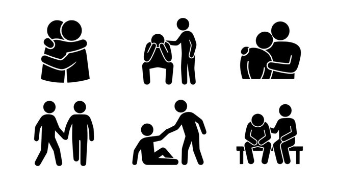Supportive friends and family set with hugs and comfort, emotional help for people