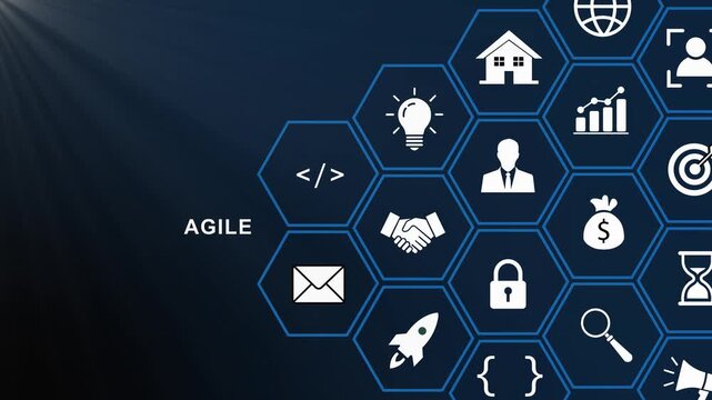 Agile methodology business concept featuring animated hexagonal network representing software development, project management, digital strategy, team collaboration, innovation, and corporate growth