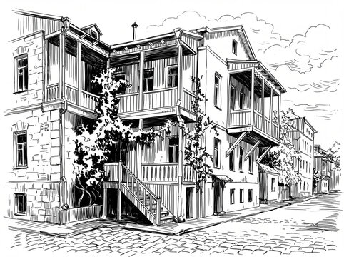 Sketch of an old European city street without people. A hand-drawn sketch.