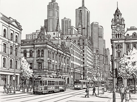 Sketch of an old European city street with people. A hand-drawn sketch.