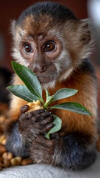 A close-up of a baby capuchin monkey holding a small green plant sprout with its hands against a blurred background.