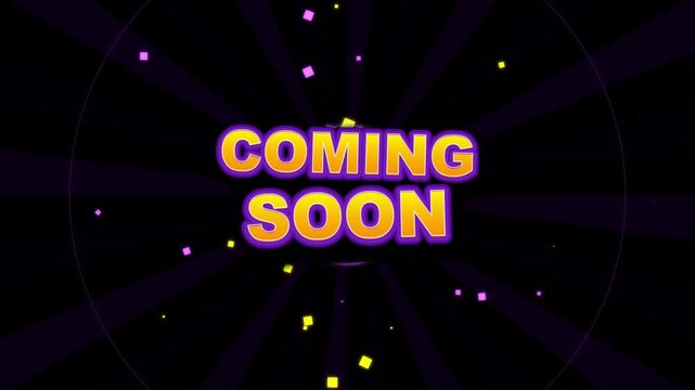 Coming soon announcement text with colorful confetti and dark radial background for marketing and promotional events