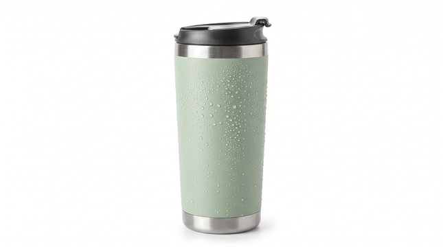 Sage green insulated travel mug with water droplets on white