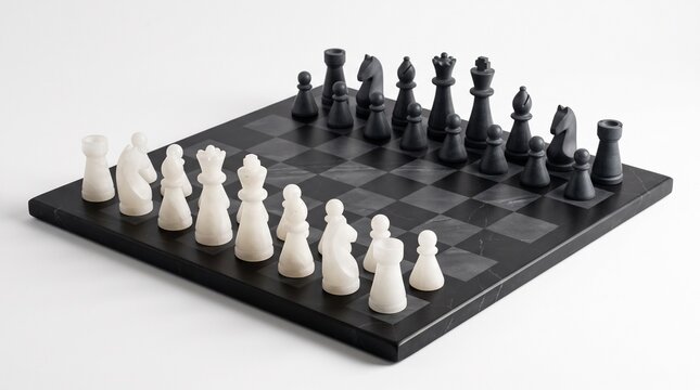 Minimalist black and white marble chess set on a neutral background