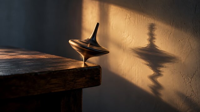 Spinning top balanced on a table edge with a shadow symbolizing anxiety