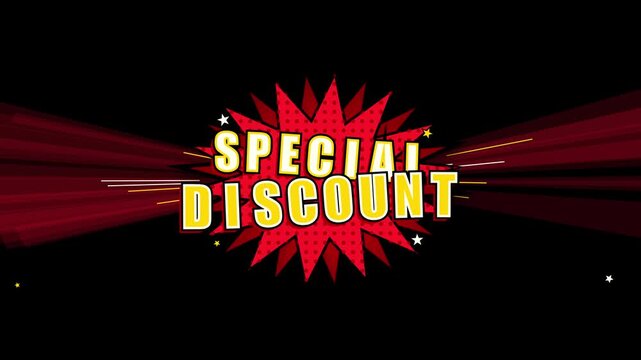 Special discount banner with bold yellow typography on a red comic book style explosion background