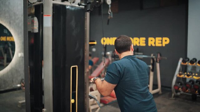 Rear perspective video shot of a male athlete performing cable triceps pushdowns or standing rows on a selectorized cable machine in front of ONE MORE REP gym typography.