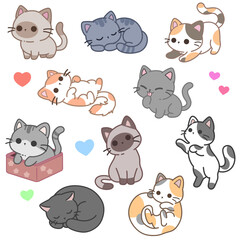 Fototapeta premium Cute cat illustration sticker bundle