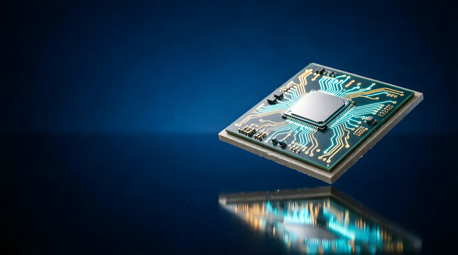 Floating microprocessor with metal core over blue mirror for semiconductor campaign visual