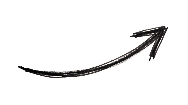 Hand drawn black charcoal arrow pointing up right isolated on a