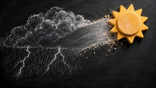 Sun shaped eraser wiping a storm cloud from a chalkboard symbolizing second chances