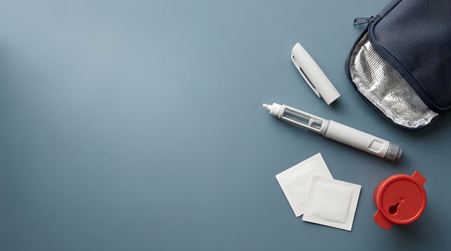 Insulin pen and supplies on blue surface for diabetes management with self care