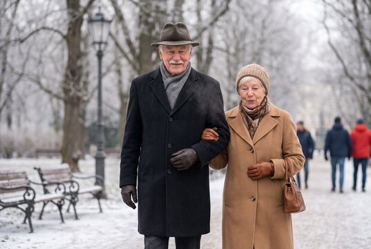 &Auml;lteres deutsches Ehepaar geht im Winter Arm in Arm durch einen verschneiten Park, warme Winterkleidung, harmonische Seniorenbeziehung im Schnee

