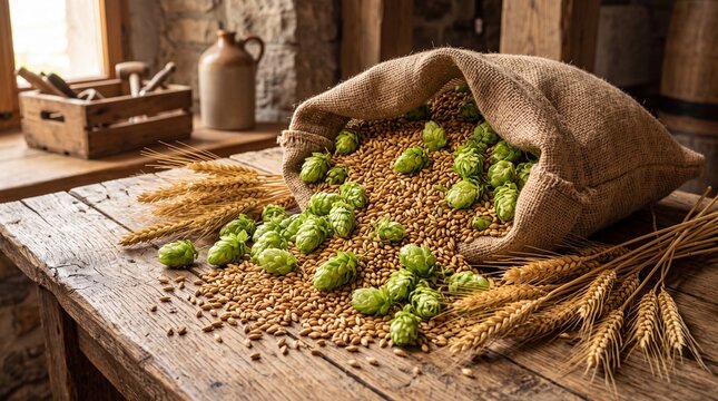 A burlap sack spills hops and grains on a rustic wooden table