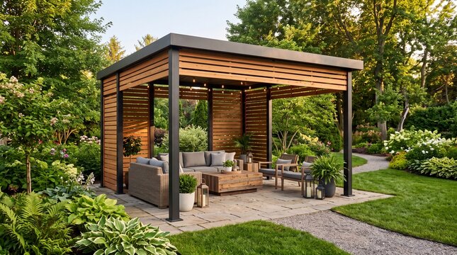 A modern outdoor gazebo surrounded by lush greenery and plants