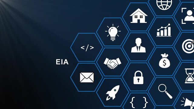 Environmental impact assessment eia concept with digital hexagonal network representing business strategy, sustainable development, corporate growth, data analysis, and modern technological innovation