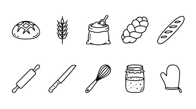 Hand-drawn bakery icon set, 10 minimalist bread and baking tool illustrations, black line art icons for cafe menus and culinary branding