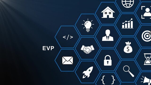 Employee value proposition evp concept with hexagonal representing corporate strategy, human resources, business growth, digital transformation, leadership, and organizational success