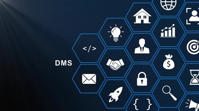 Document management system dms concept featuring digital hexagon infographic network with business for corporate data organization, cloud storage solutions, and workflow automation strategy