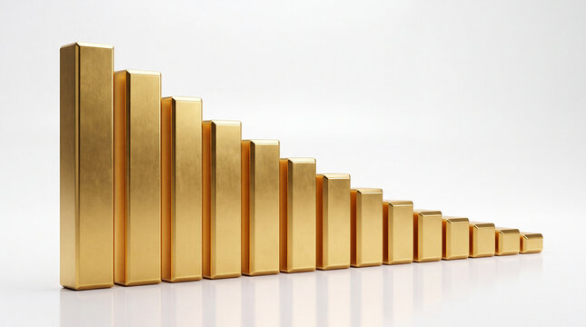 Gold bars arranged as a decreasing financial graph on white background