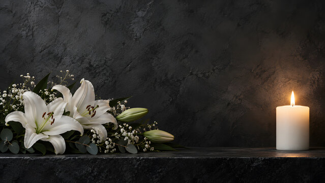 White Lily Flowers and Burning Candle on Dark Textured Background with Copy Space, Funeral Condolence, Sympathy and Memorial Remembrance