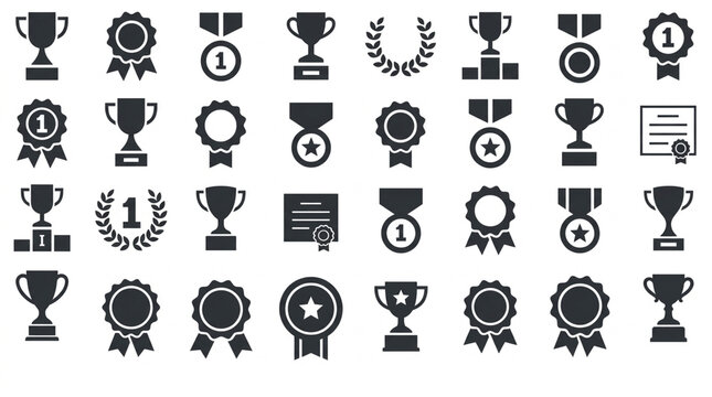 Comprehensive set of universal award glyph icons featuring business success achievement competition and sports ranking categories ideal for modern web and mobile UIUX design