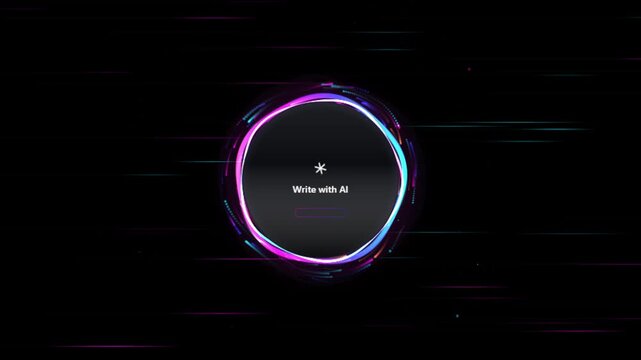 Write with ai button interface featuring glowing neon circular motion graphics on dark background