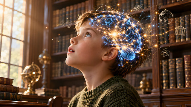 Curious Young Boy Looking Up with Glowing Digital Brain Network Above His Head in Old Library with Bookshelves, Child Imagination, Learning and Intelligence