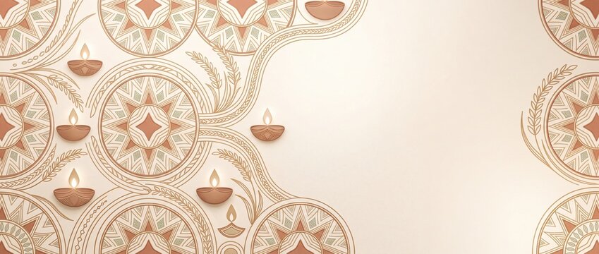 Traditional harvest festival decorative background with glowing oil lamps and intricate mandala patterns in warm beige tones