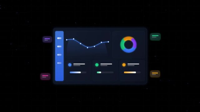 Dashboard interface with analytics charts and data visualization metrics on a dark background