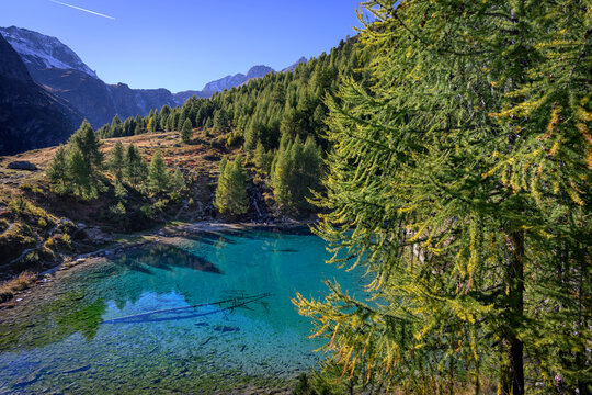 Turquoise waters of Arolla's blue lake in Switzerland