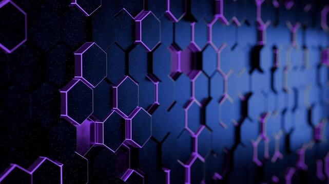 濃い青と紫の縦長六角形タイルが並ぶ壁面で個別に前後するループ動画。ゲーム紹介や音楽イベントに映える立体感のシネマティック素材