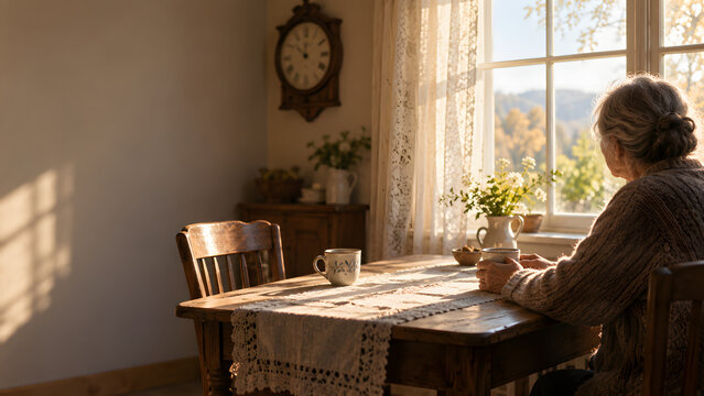 Elderly Woman Sitting Alone at a Kitchen Table by a Sunlit Window with an Empty Chair and Wall Clock, Loneliness in Old Age