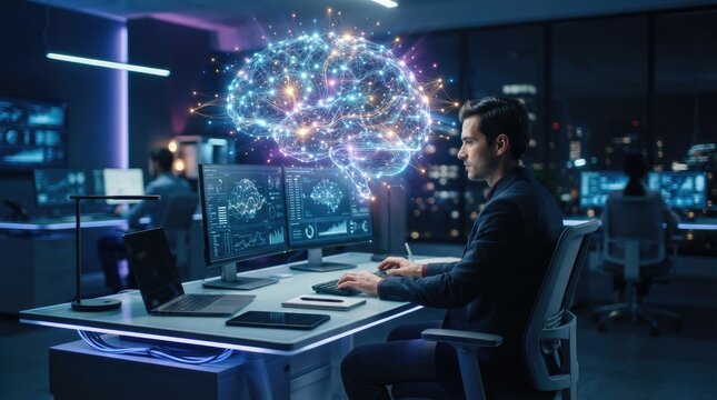 A man working at a desk with multiple computer monitors, a holographic brain graphic, and a city skyline in the background.