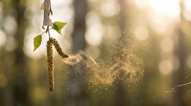 Birch catkins releasing golden pollen cloud in backlit forest