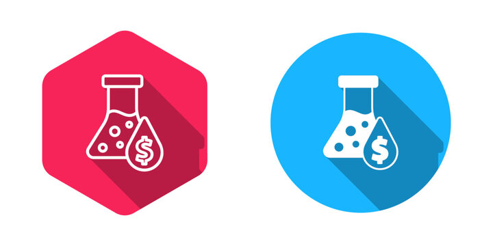 Filled and outline Oil petrol test tube icon isolated with long shadow background. Cmemistry flask and falling drop. Vector