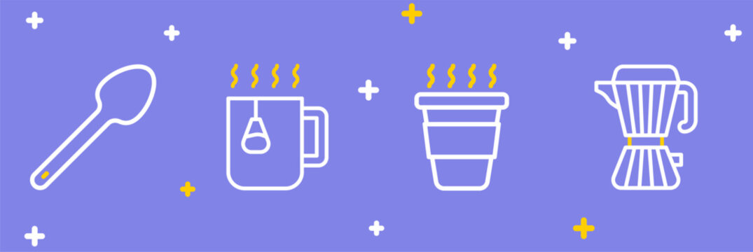 Set line Coffee maker moca pot, cup to go, Cup tea with bag and Teaspoon icon. Vector