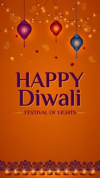 Happy Diwali orange background with hanging lanterns and diyas
