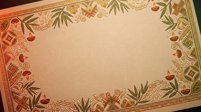 Decorative festive frame featuring glowing lamps and paddy motifs