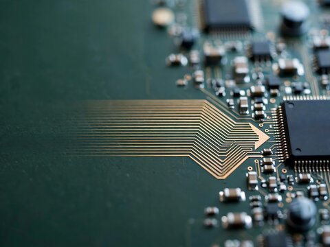 Macro view of a green printed circuit board with gold electronic pathways forming an arrow shape leading to a black microchip processor on the motherboard