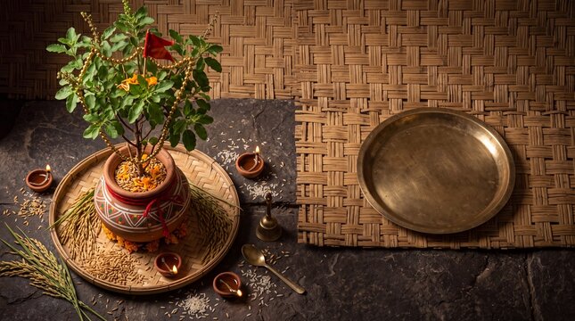 Sacred basil plant and glowing oil lamps on woven bamboo mat for festival