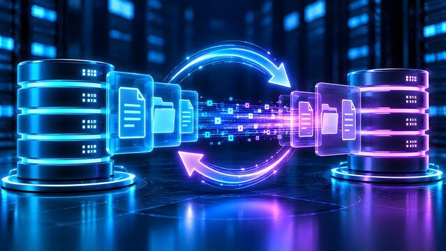 3D rendering of futuristic glowing database servers with data transfer synchronization process and moving document folders in neon blue