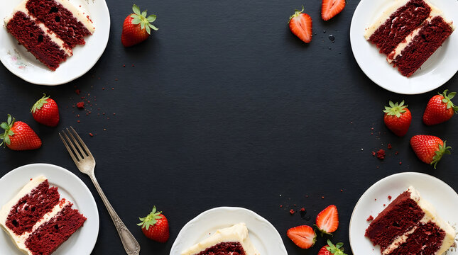 Slices of red velvet cake with fresh berries on a dark background with central copy space.