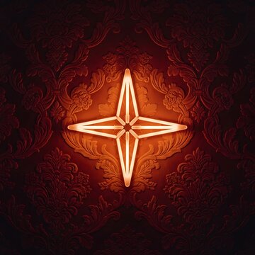 Illuminated four pointed star adorns a richly textured damask wallpaper