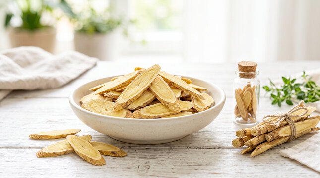 Astragalus root slices arranged in a bowl with fresh herbs nearby  