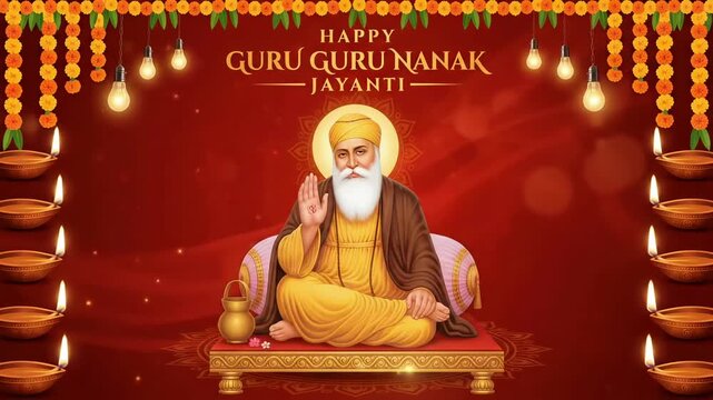 Guru Nanak Jayanti Motion Graphic with Diya Lamps and Marigold Garland
