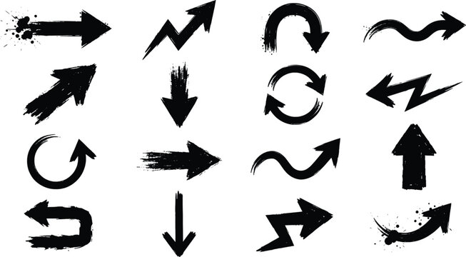 Hand drawn paint brush arrow vector set featuring black grunge ink pointers ink splatters circular refresh loops sharp zigzag lines and wavy directional elements isolated on a flat white background