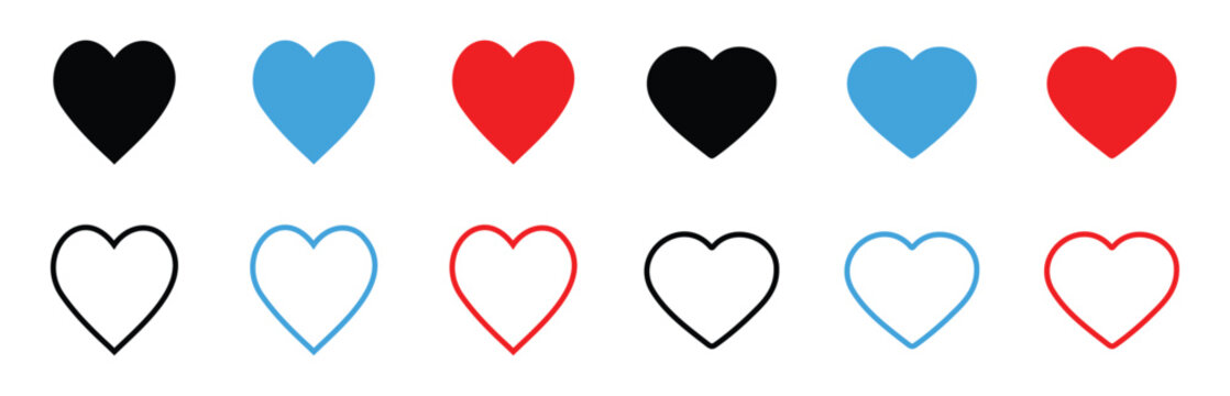 Red black and blue heart icon set in flat and outline style vector illustration for medical or love social media symbol