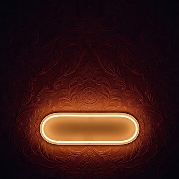 Glowing oval neon sign illuminates an ornate floral wall pattern