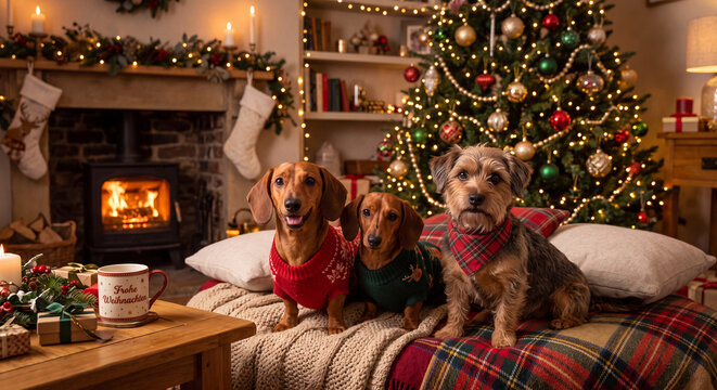 Drei niedliche Hunde sitzen vor dem Weihnachtbaum in einem gem&uuml;tlichen Wohnzimmer